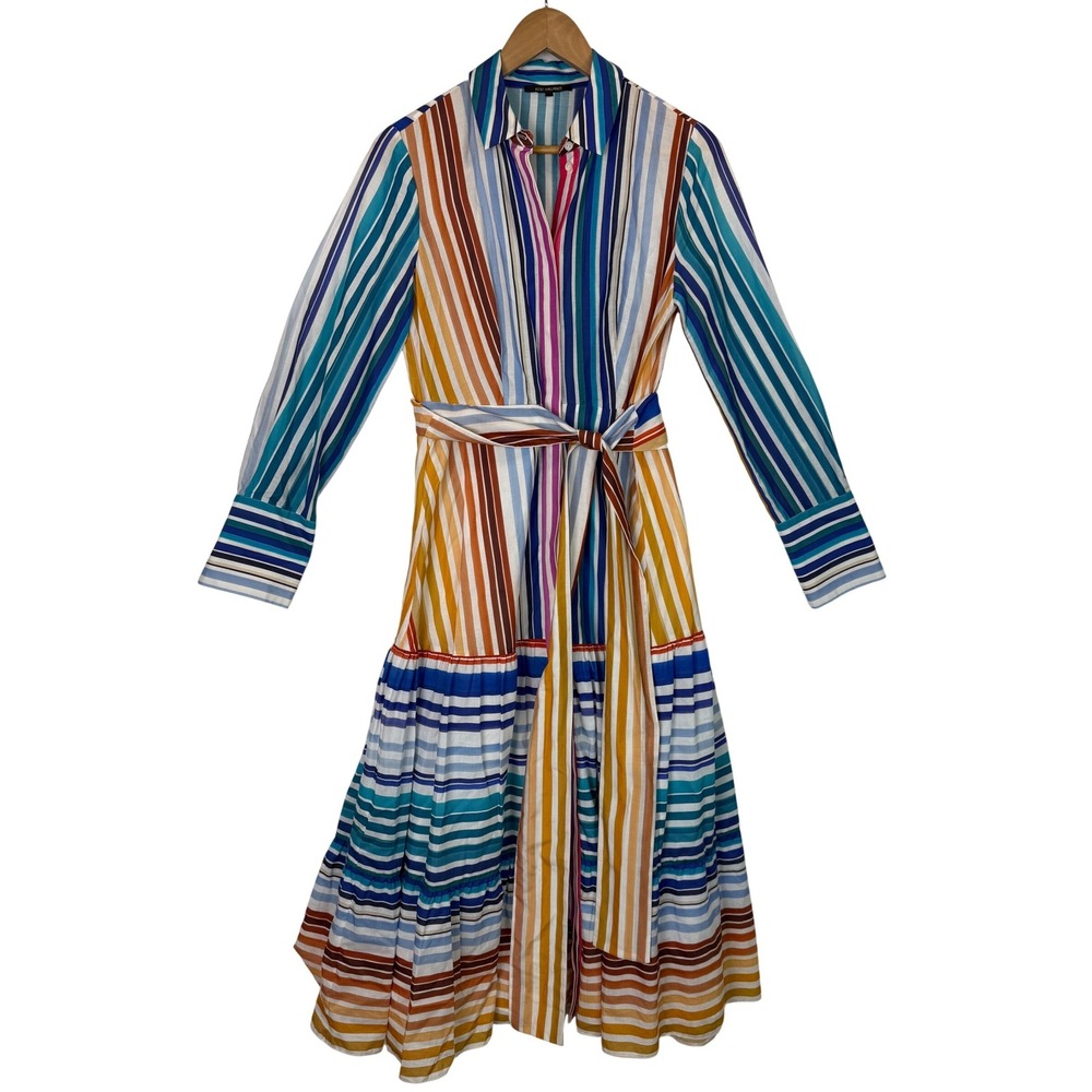 Kobi Halperin Multicolor Striped Shirt Dress‎ Belted Button Front Pleated Sz XS